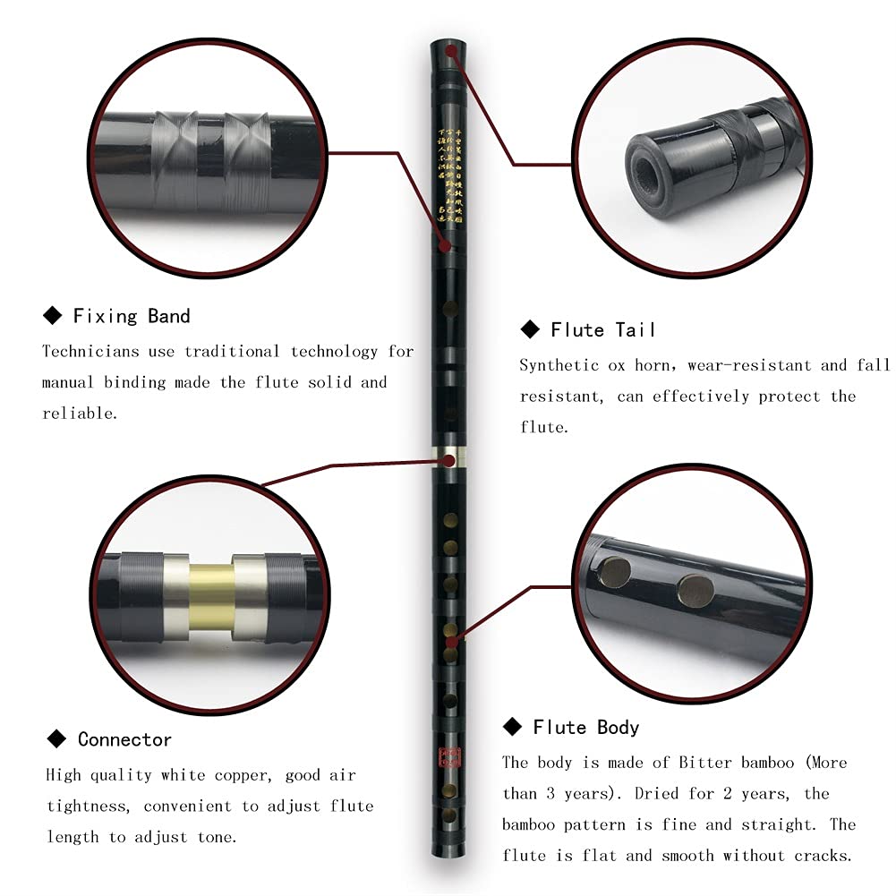 F Key Dizi Black Bitter Bamboo Flute Chen Qing Flute with Free Membrane & Glue & Protector Set Traditional Chinese Instrument (K